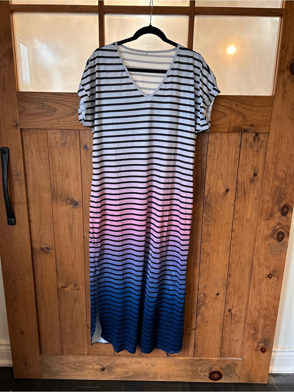 Striped Ombre V-Neck Maxi Dress in White, Pink & Blue